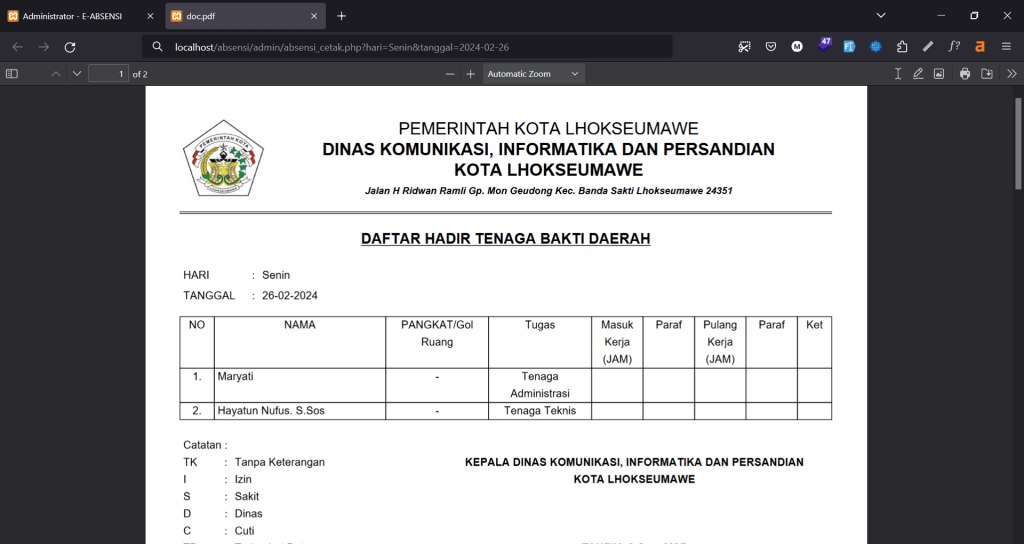 Cetak Absensi Pegawai Bakti