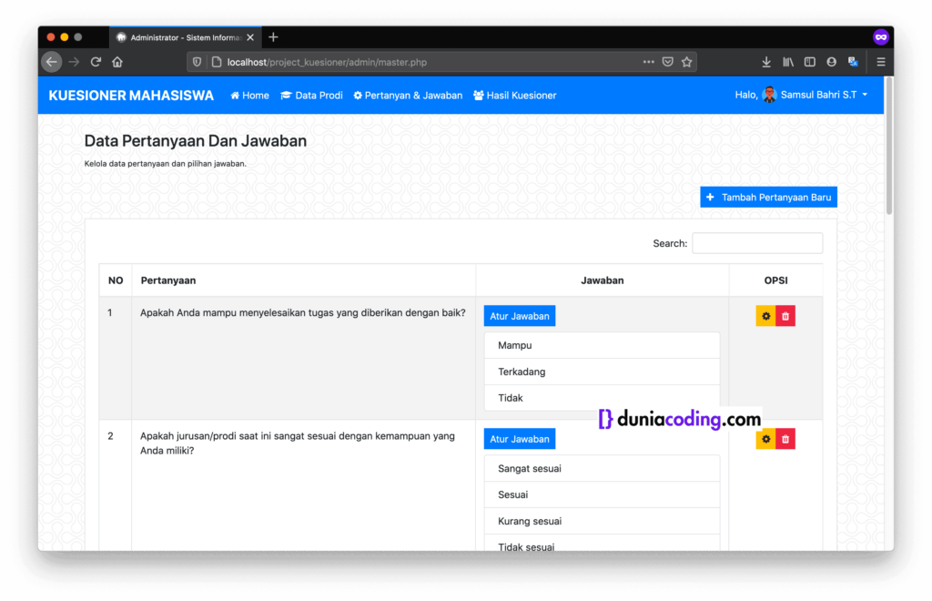 admin kelola data pertanyaan dan jawaban kuesioner